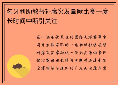 匈牙利助教替补席突发晕厥比赛一度长时间中断引关注